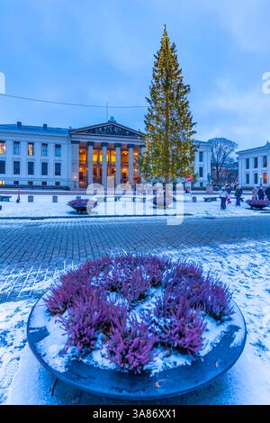 Vue de Domus Media sur la place de l'Université pendant l'hiver, Oslo, Norvège, Scandinavie Banque D'Images