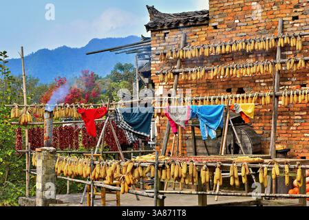 Séchage du maïs, des piments et du linge, Huangling, ancien village datant de la dynastie Ming, comté de Wuyuan, ville de Shangrao, province du Jiangxi, Chine Banque D'Images