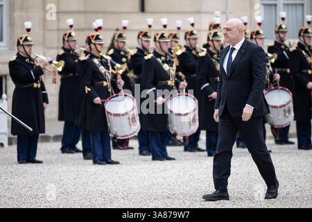 Paris, France. 28 mars 2025. Le président libanais Joseph Aoun arrive pour une visite officielle au Palais présidentiel de l'Elysée à Paris le 28 mars 2025. Photo par Eliot Blondet/ABACAPRESS. COM Credit : Abaca Press/Alamy Live News Banque D'Images