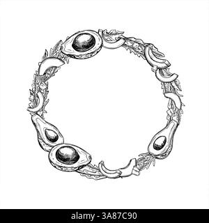 Tomates fraîches, poivrons doux et illustration à l'encre de couronne de persil en noir et blanc. Dessin de gravure de feuilles de salade avec des légumes Illustration de Vecteur