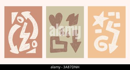 Décoration murale contemporaine bohème. Modèles d'affiche funky avec des formes géométriques dans le style de dessin de la main de crayon ou de crayon. Art moderne pour les médias sociaux, mur Illustration de Vecteur