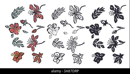 Ensemble d'esquisses abstraites de fleurs de jungle encré isolé sur blanc Illustration de Vecteur