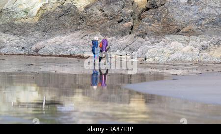 Deux dames âgées se promènent sur le sable humide de North Sands sous le soleil du printemps tout en se reflétant dans le sable humide sur lequel elles sont. Banque D'Images