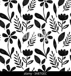 Crayon sans couture motif avec des fleurs de printemps et des plantes. Style de dessin de crayon tendance. Crayon audacieux et amusant motifs floraux silhouettes. Manuel dessiné Illustration de Vecteur