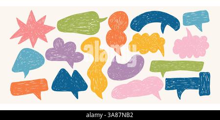 Bulles de discours abstraites en crayon. Bulles de communication dessinées à la main dans la texture crayon ou craie. Zones de texte rétro crayon, comique de dialogue Illustration de Vecteur