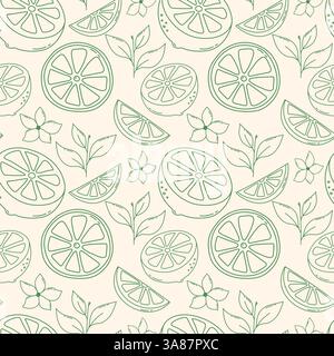 Motif sans couture avec citrons de contour. Motif de citron dessiné à la main avec des fleurs de citron, des feuilles, des citrons à moitié coupés et des tranches de citron pour les tissus Illustration de Vecteur