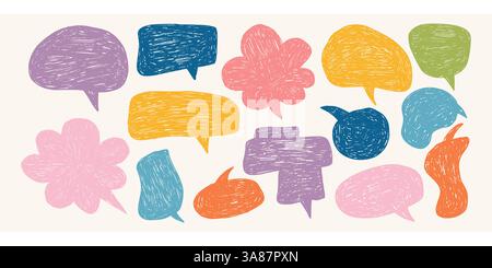 Bulles colorées de crayon. Bulles de communication dessinées à la main dans la texture crayon ou craie. Zones de texte rétro crayon, comique de dialogue Illustration de Vecteur
