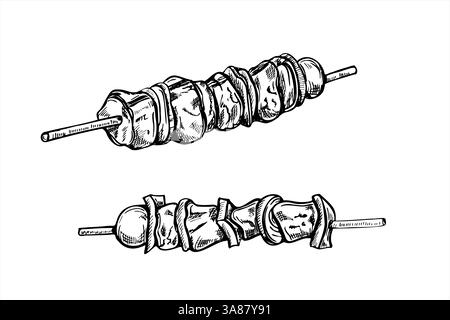 Viande vectorielle monochrome sur des bâtons en bois avec des poivrons et des tomates cerises sur un croquis à l'encre noire d'art de la ligne de bâton. Dessin de gravure de kebab grillé pour BBQ Illustration de Vecteur