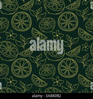 Motif citron sans couture. Motif de citron dessiné à la main avec des fleurs de citron, des feuilles, des citrons à moitié coupés et des tranches de citron pour les tissus, le papier peint Illustration de Vecteur