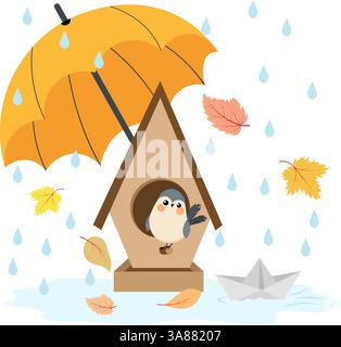 Humeur automnale. Pluie, flaques d'eau, oiseau dans un nichoir sous la pluie, feuilles d'automne. Collection automne. Illustration vectorielle. Illustration de Vecteur