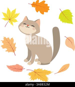 Humeur automnale. Chaton mignon entouré de feuilles d'automne. Collection automne. Illustration vectorielle. Illustration de Vecteur