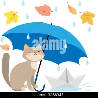 Humeur automnale. Chaton mignon avec un parapluie sous la pluie entouré de feuilles d'automne. Collection automne. Illustration vectorielle. Illustration de Vecteur
