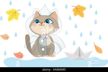 Humeur automnale. Chaton mignon dans un imperméable sous la pluie, bateau de papier dans une flaque, feuilles. Collection automne. Illustration vectorielle. Illustration de Vecteur