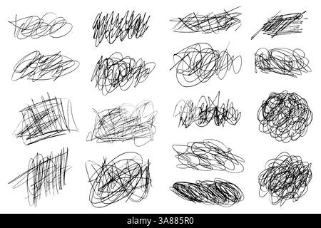 Ensemble de lignes folles chaotiques enchevêtrées. Collection aléatoire de lignes de gribouillage chaotique sur fond blanc. Griffonner des lignes désordonnées, des esquisses au trait expressives. Illustration de Vecteur