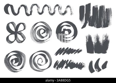 Jeu de traits de pinceau créatifs peints à la main. Pinceaux à encre noire, éléments de pinceau grunge, vague, cercle, lignes. Ensemble silhouette brosse acrylique rugueuse Illustration de Vecteur