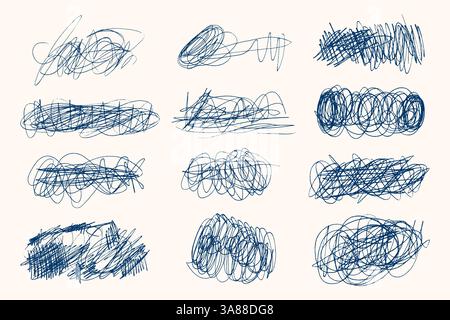 Ensemble de lignes folles chaotiques enchevêtrées. Collection aléatoire de lignes de gribouillage chaotiques bleues sur fond blanc. Griffonner des lignes désordonnées, des esquisses au trait expressives. Illustration de Vecteur
