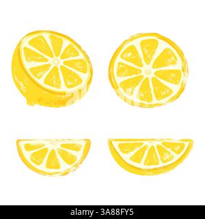 Grunge Brush Stroke fruits ensemble citron. Pinceau grungy créatif peint citrons, demi-fruits citron et tranches de citron. Citrons frais pour jus et Illustration de Vecteur