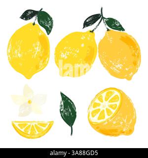 Grunge Brush Stroke fruits ensemble citron. Pinceau grungy créatif peint citrons, fruits de citron entiers, fleur, feuille, tranches de citron et citron à moitié coupé. Illustration de Vecteur