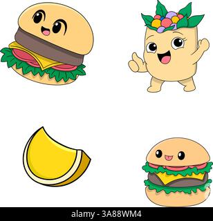 Cette image présente un ensemble ludique de personnages de nourriture de bande dessinée, y compris des hamburgers souriants, une enveloppe de kebab joyeuse remplie de légumes et un emblème lumineux Illustration de Vecteur