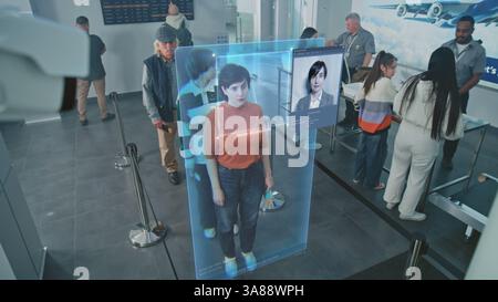 Point de contrôle de l'aéroport : file d'attente de diverses personnes passant le balayage biométrique des visages IA au contrôle des frontières. Caméra de sécurité avec technologie avancée de reconnaissance faciale. Filtrage des passagers pour l'embarquement sur le vol. Banque D'Images