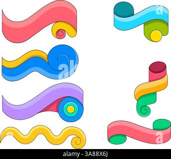 Cette image présente une collection vibrante de bannières de ruban incurvées colorées dans divers styles abstraits de tourbillon et de vague Illustration de Vecteur