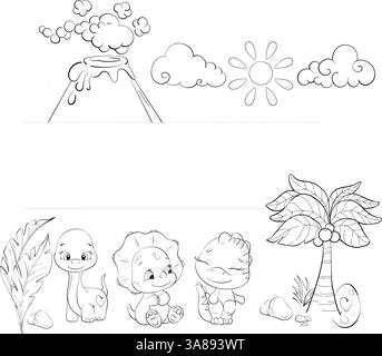 Cadre nature de la période jurassique, éléments vectoriels, nature, volcan noir, palmier dans le style de dessin animé. Oeuf de dinosaures Illustration de Vecteur