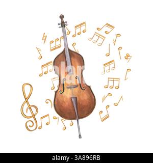 Aquarelle en bois contrebasse brun et volant notes de musique magique illustration arrière-plan isolé. Contrebasse arquée classique avec stand jazz Banque D'Images