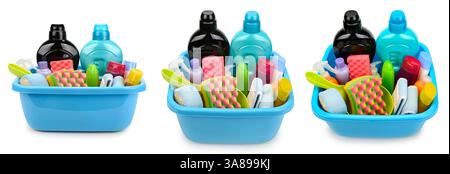 Ensemble de détergents pour salle de bain et cuisine isolé sur fond blanc. Banque D'Images