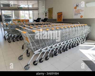 Roquetas de Mar, Almeria, Andalousie, Espagne 27 mars 2025 : beaucoup de chariots dans le magasin Cosum. Banque D'Images