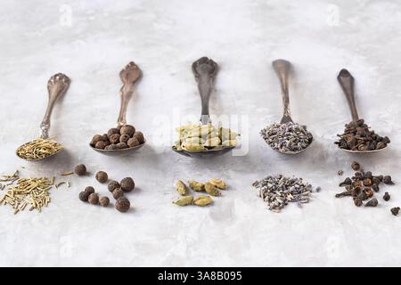 Herbes séchées et épices sur de vieilles cuillères en argent antique sur fond de béton gris Banque D'Images