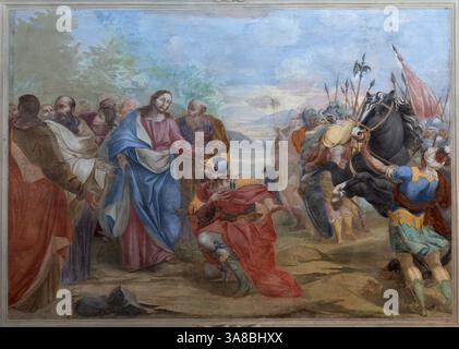 FLORENCE, ITALIE - 20 MARS 2025 : fresque de guérison du serviteur du centurion dans l'église Chiesa di San Salvi par un artiste inconnu. Banque D'Images