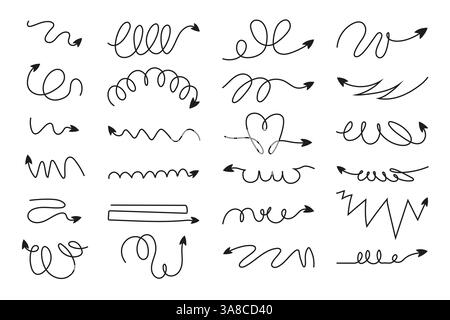 Collection de bobines Squiggle dessinées à la main au crayon et de flèches Doodle ondulées. Icônes de flèche griffonnée pour les infographies. Esquisses à main levée de fines flèches de ressort Illustration de Vecteur