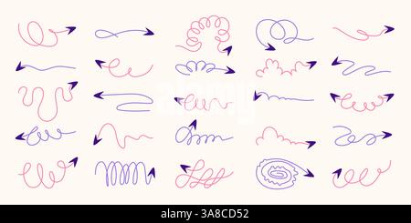 Crayon à main levée coloré Squiggles et bobines, flèches ondulées Doodle. Icônes de flèche griffonnée pour les infographies. Esquisses à main levée de fines flèches de ressort avec Illustration de Vecteur