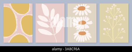 Ensemble de cartes avec feuilles botaniques et silhouettes florales dans un style contemporain. Poster Art avec des couleurs pastel douces. Illustrations avec terreux Illustration de Vecteur