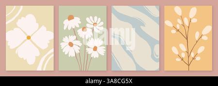 Collection de cartes avec feuilles botaniques et silhouettes florales dans un style contemporain. Poster Art avec des couleurs pastel douces. Illustrations avec Illustration de Vecteur