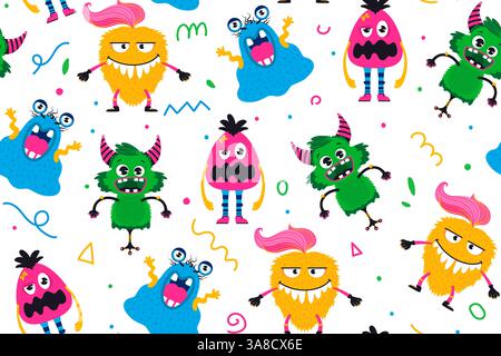 Dessin animé Monster Seamless Pattern avec Squiggle Lines. Monstres de dessins animés isolés. Mignon kawaii dessin animé effrayant personnage de bébé drôle. Yeux, langue, dent Illustration de Vecteur
