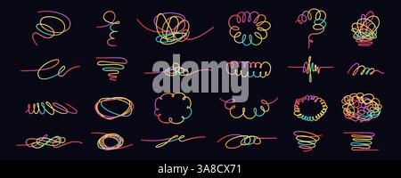 Collection de lignes ondulées abstraites dessinées à la main modernes et d'esquisses de griffonnage avec des couleurs vibrantes sur un fond noir. Fluide géométrique ludique organique Illustration de Vecteur