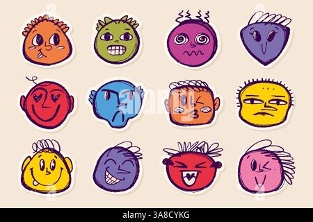 Stickers dessinés à la main avec crayon et lignes fines avec texture grunge subtile. Griffonner des esquisses d'avatars féminins et masculins Illustration de Vecteur