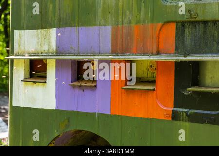 Le maringotka coloré dans la nature sert de ruche pour les abeilles. Les abeilles volent autour de l'entrée. Rucher coloré. Banque D'Images