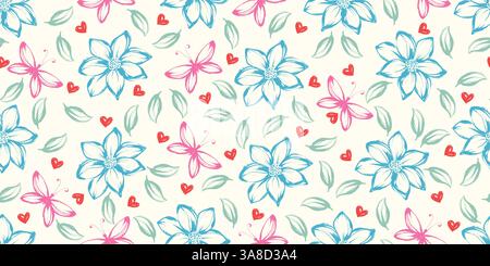 Motif sans couture avec des fleurs dessinées à la main au crayon et des papillons avec des couleurs pastel. Plantes botaniques peintes à la main avec texture grunge Illustration de Vecteur