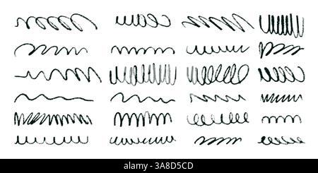 Ensemble de fines lignes de crayon noir Squiggle. Doodle de traits abstraits dans le style dessiné à la main. Frottis colorés avec texture grungy charbon de bois Illustration de Vecteur