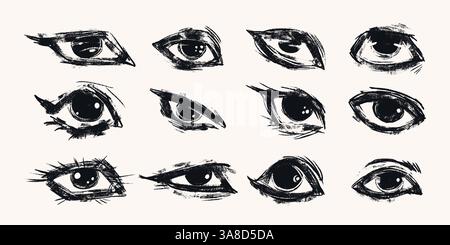 Yeux dessinés à la main avec lignes volumineuses et texture Grunge. Collection d'yeux abstraite et drôle isolée sur fond blanc Illustration de Vecteur