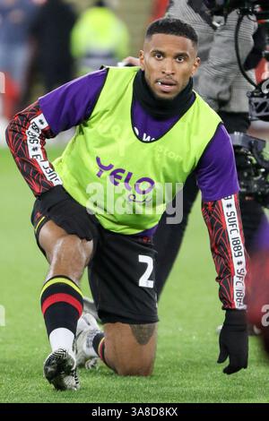 Sheffield, Royaume-Uni. 28 mars 2025. Bramall Lane, Sheffield, Angleterre, 28 mars 2025 : Tyrese Campbell (23 Sheffield United) avant le match EFL Sky Bet Championship entre Sheffield United et Coventry City à Bramall Lane à Sheffield, Angleterre, le 28 mars 2025. (Sean Chandler/SPP) crédit : photo de presse sportive SPP. /Alamy Live News Banque D'Images