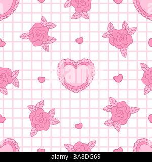 Coquette sans couture motif Rose rose et coeur vintage sur fond blanc à carreaux. Romantique Girly Vibe. Tendance esthétique motif floral t Illustration de Vecteur