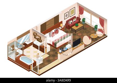 Une illustration vectorielle de la chambre d'hôtel isométrique Indoor Illustration de Vecteur
