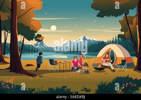 Une illustration vectorielle de Family Camping Outdoor en été Illustration de Vecteur