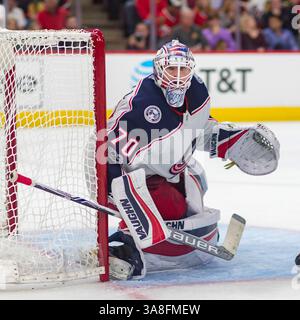 07 octobre 2017 : Chicago, Illinois, États-Unis - le gardien de Blue Jacket #70 Joonas Korpisalo en action lors du match de la Ligue nationale de hockey entre les Blackhawks de Chicago et les Blue Jackets de Columbus au United Center à Chicago, il. Photographe : Mike Wulf(image de crédit : &copy ; Mike Wulf/CSM via ZUMA Wire) Banque D'Images