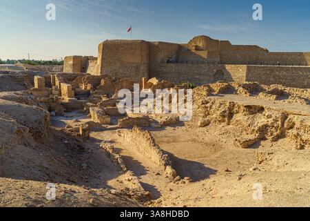 Manama, Bahreïn - 15 janvier 2024, vue panoramique sur les ruines de l'ancienne forteresse de Qalat Al Bahreïn, inscrite sur la liste du patrimoine mondial de l'UNESCO, à Banque D'Images