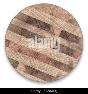 Une planche à découper ronde magnifiquement conçue avec un motif complexe de divers grains de bois repose sur une surface blanche et propre. Les tons chauds et les textures élèvent le décor de la cuisine. Banque D'Images