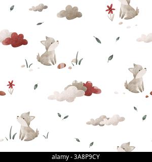 Modèle sans couture avec loup mignon et fleurs et pierres dans un style scandinave minimaliste. Animaux de bande dessinée pour la conception des enfants. Dessiné à la main Banque D'Images